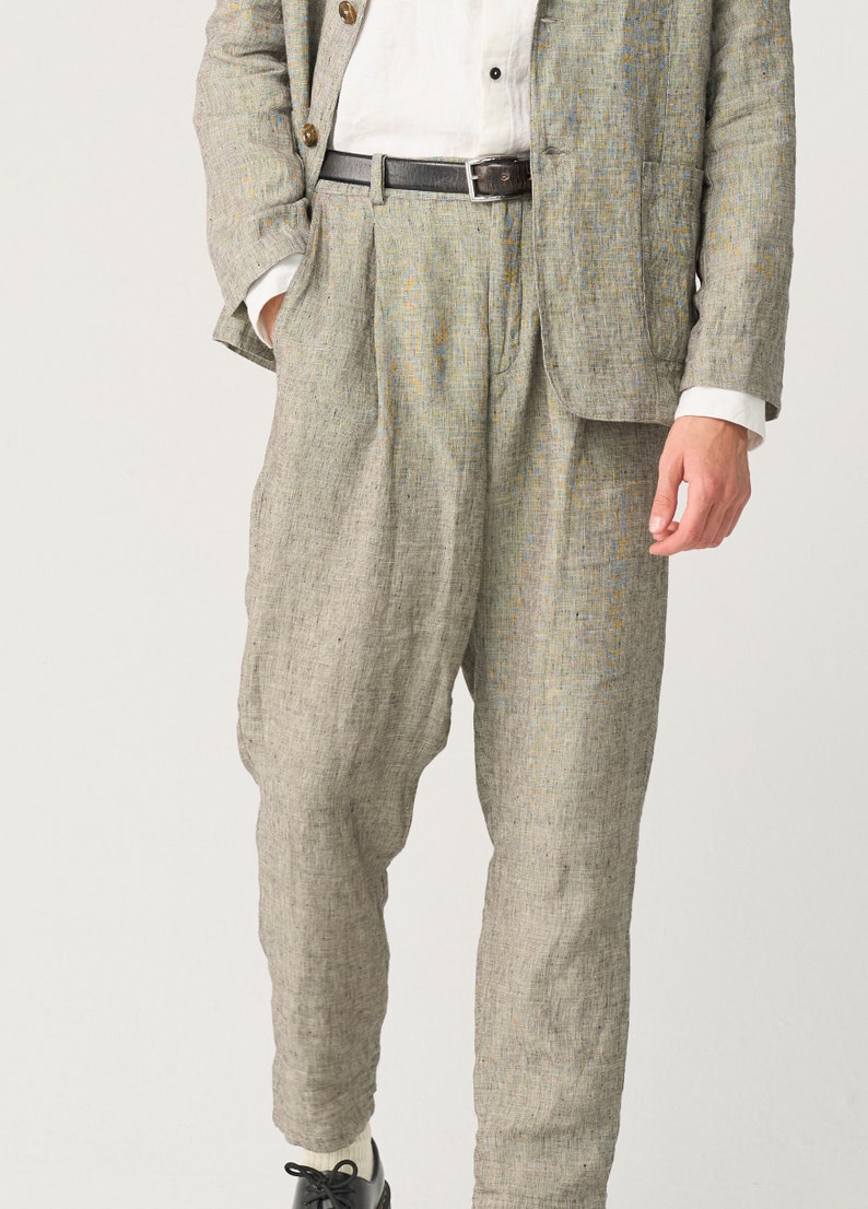 Tapered linen pants for men with zipper and elastic back, slightly pleated linen trousers NIKO image 2