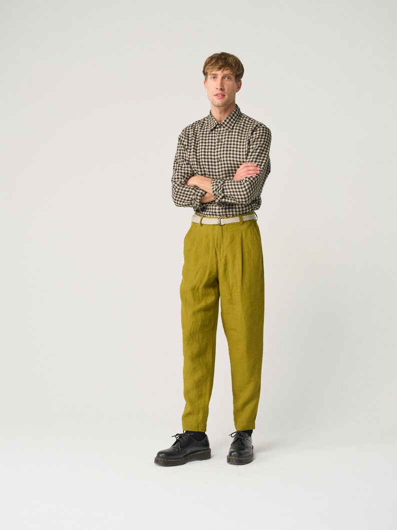 Pantaloni da uomo in lino affusolati con cerniera ed elastico posteriore, pantaloni in lino pesante plissettato NIKO immagine 8