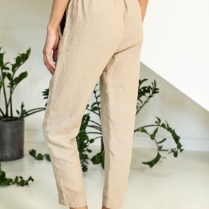 Heavy linen tapered pants with pockets, cropped linen trousers, linen pants for women LATTE image 3