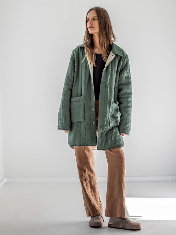 Quilted Linen Jacket With Pockets Padded Linen Coat Reversible Linen Peacoat for Women PINE Etsy