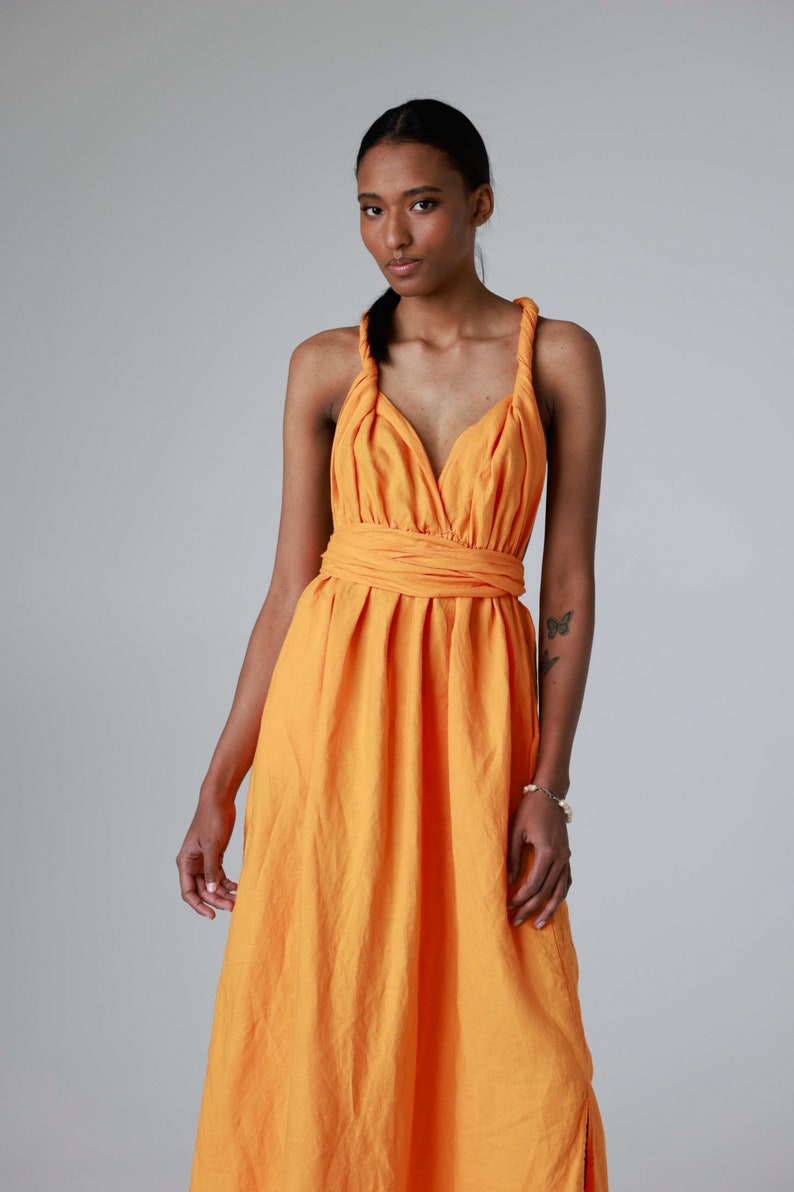 Maxi linen dress with open back and side slits, backless dress with belt and pockets ANGELINA image 5