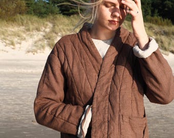Reversible Quilted Linen Jacket with Pockets, Padded Wrap Linen Coat for Women, Fashionable Kimono Coat, Warm Fall Winter Jacket QUINCE