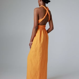 Maxi linen dress with open back and side slits, backless dress with belt and pockets ANGELINA image 8