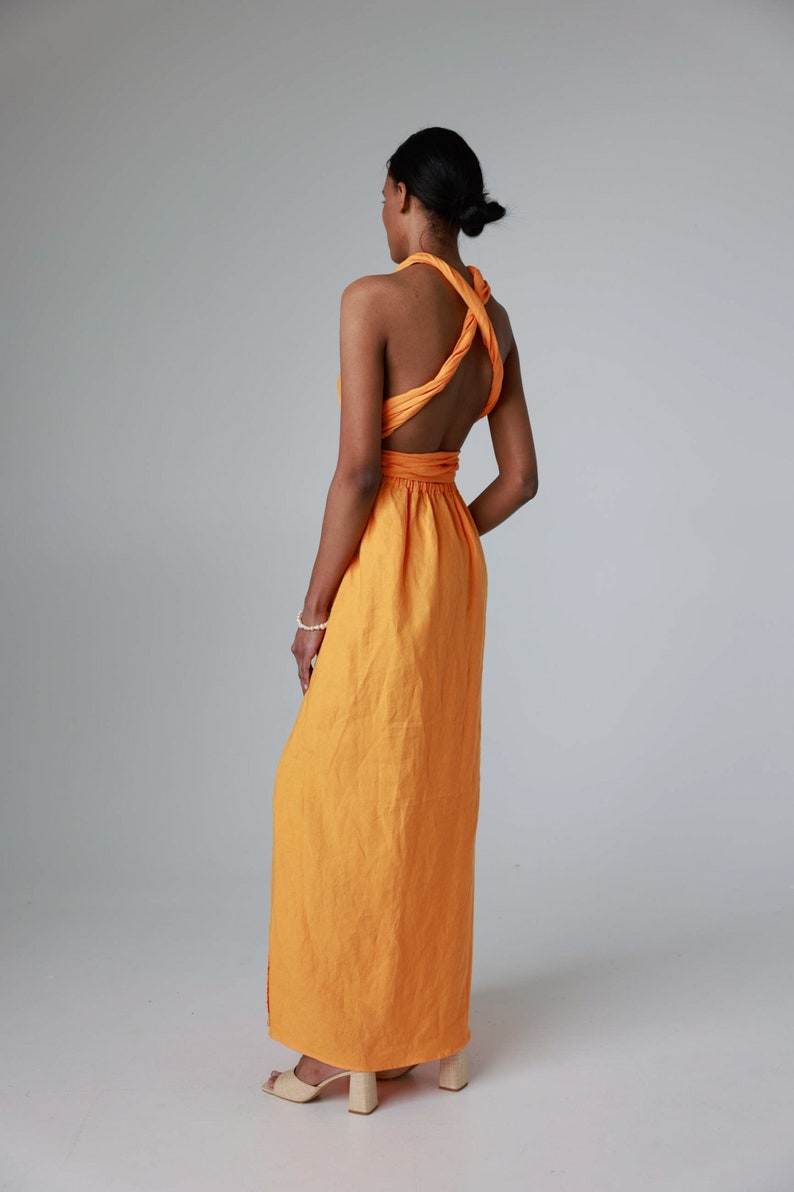 Maxi linen dress with open back and side slits, backless dress with belt and pockets ANGELINA image 8