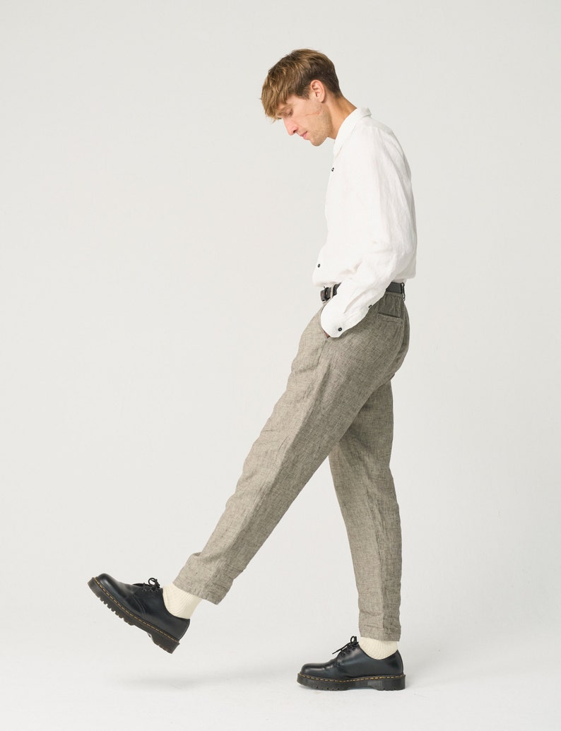 Tapered linen pants for men with zipper and elastic back, slightly pleated linen trousers NIKO zdjęcie 4