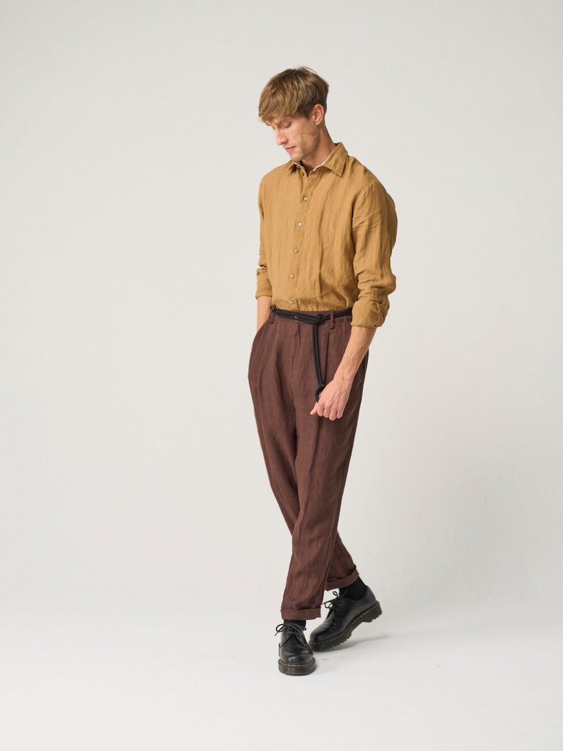 Camicia in lino da uomo a manica lunga, camicia oxford da uomo a manica intera con colletto a contrasto OHIO immagine 1