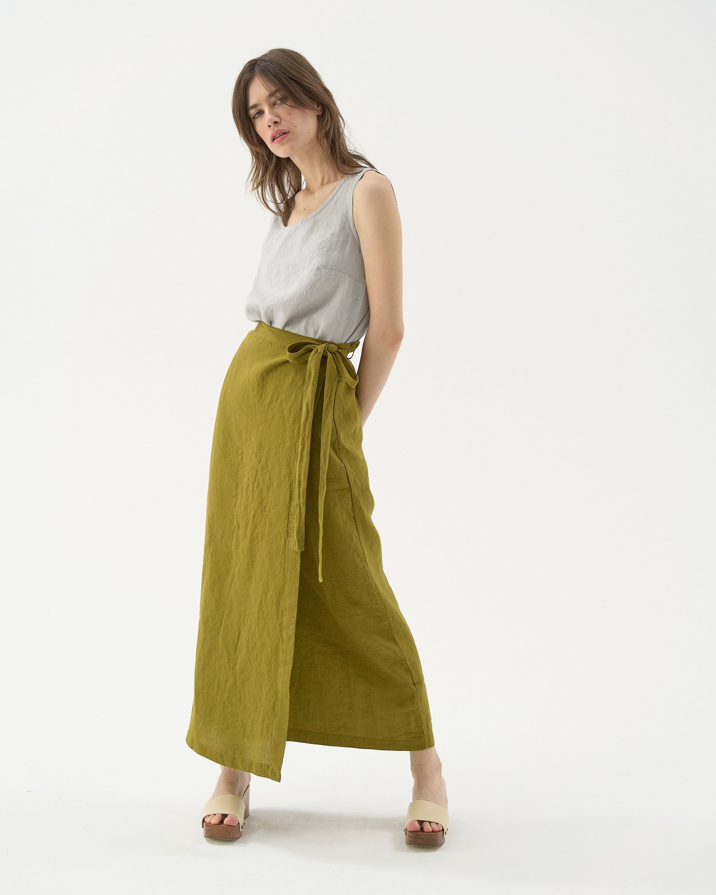 Jupe portefeuille en lin jupe longue en lin avec ceinture a nouer jupe taille haute jupe tablier maxi COEUR Etsy France