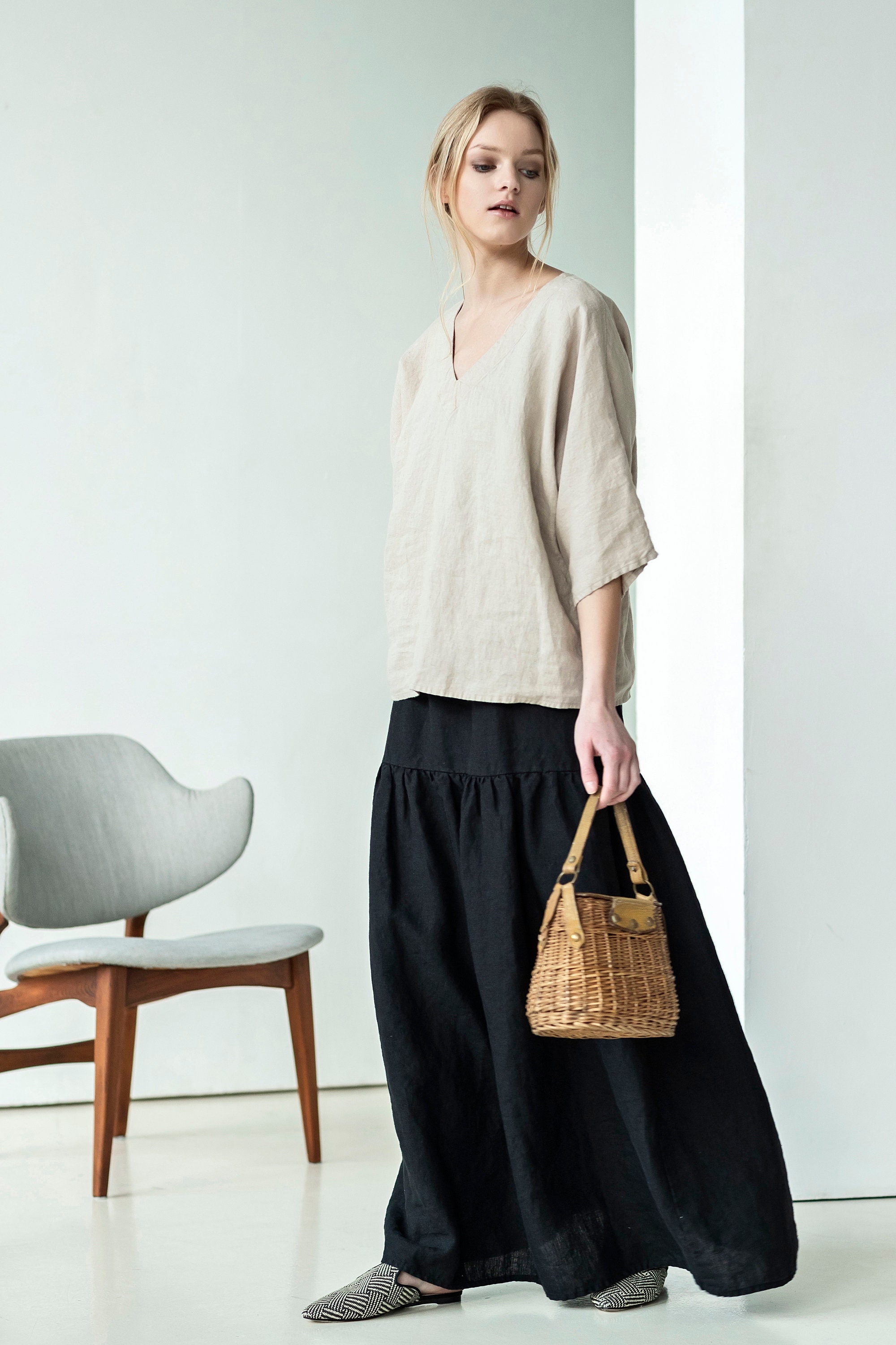 Blue linen kimono top / kimono style top for women / loose Etsy