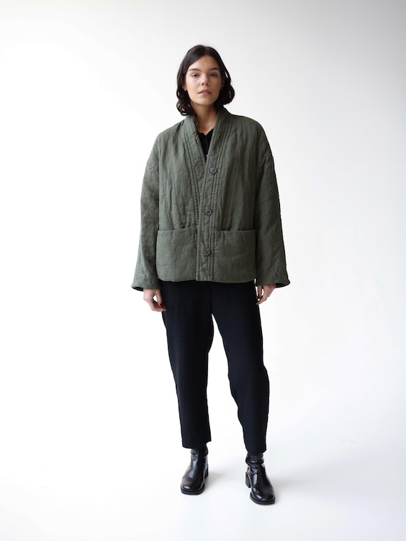 Padded linen jacket, linen kimono robe with pockets, quilted wrap jacket, reversible jacket, padding coat, oversize warm jacket SAPPORO