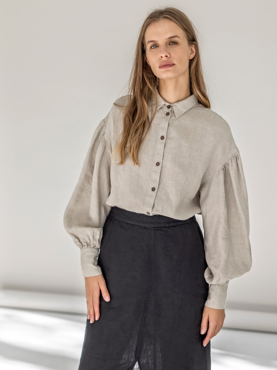 Buy Loose-fit Linen Shirt With Balloon Sleeves, Romantic Linen Blouse With  Puff Sleeves, Button-down Linen Shirt, Drop-shoulder Top SPORE Online in