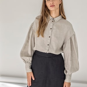 Loose-fit linen shirt with balloon sleeves, romantic linen blouse with puff sleeves, button-down linen shirt, drop-shoulder top SPORE