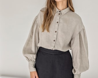 Loose-fit linen shirt with balloon sleeves, romantic linen blouse with puff sleeves, button-down linen shirt, drop-shoulder top SPORE