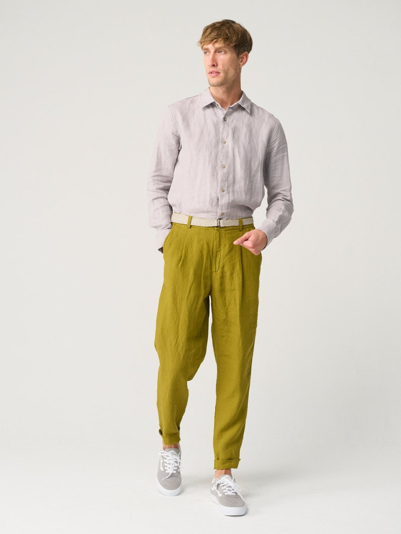 Tapered linen pants for men with zipper and elastic back, slightly pleated linen trousers NIKO zdjęcie 5