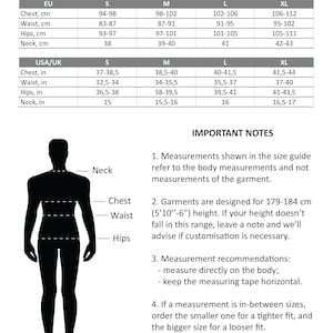 May include: Men's sizing chart with measurements in inches and centimeters. The chart includes neck, chest, waist, and hips measurements for sizes S, M, L, and XL. The chart also includes important notes about measurements and garment fit.