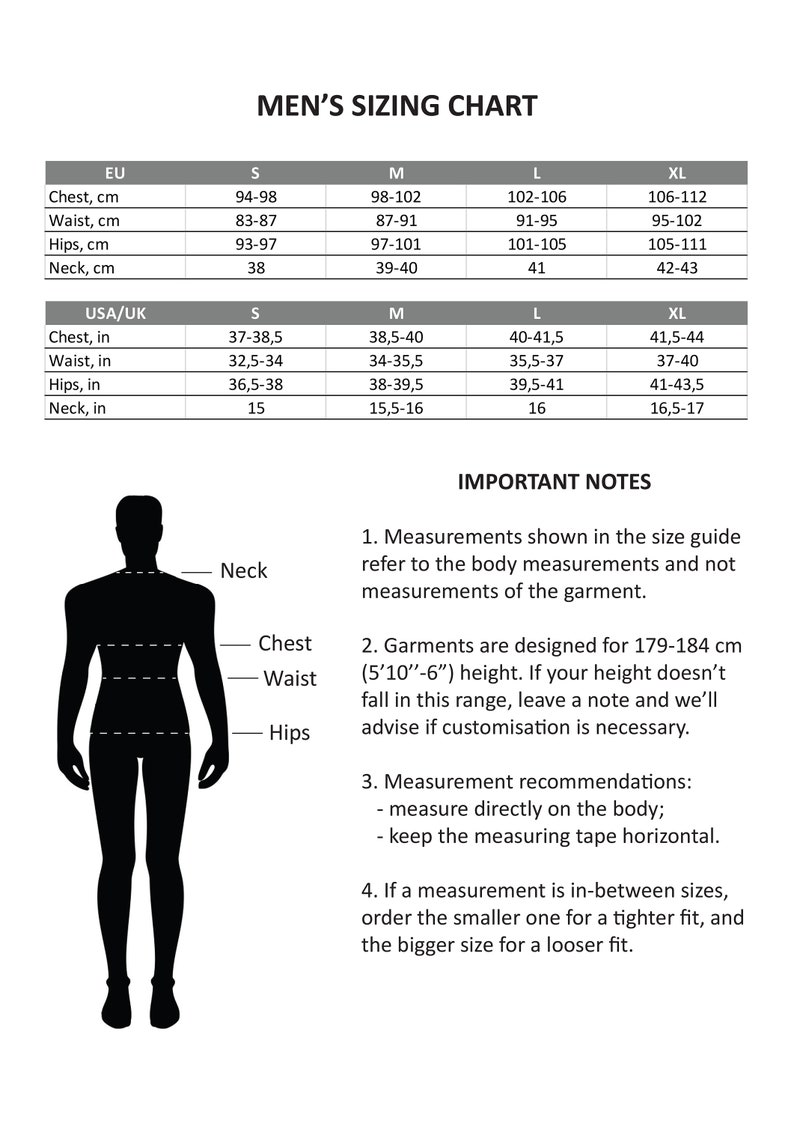 May include: Men's sizing chart with measurements in inches and centimeters. The chart includes neck, chest, waist, and hips measurements for sizes S, M, L, and XL. The chart also includes important notes about measurements and garment fit.