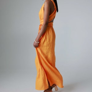 Maxi linen dress with open back and side slits, backless dress with belt and pockets ANGELINA image 4