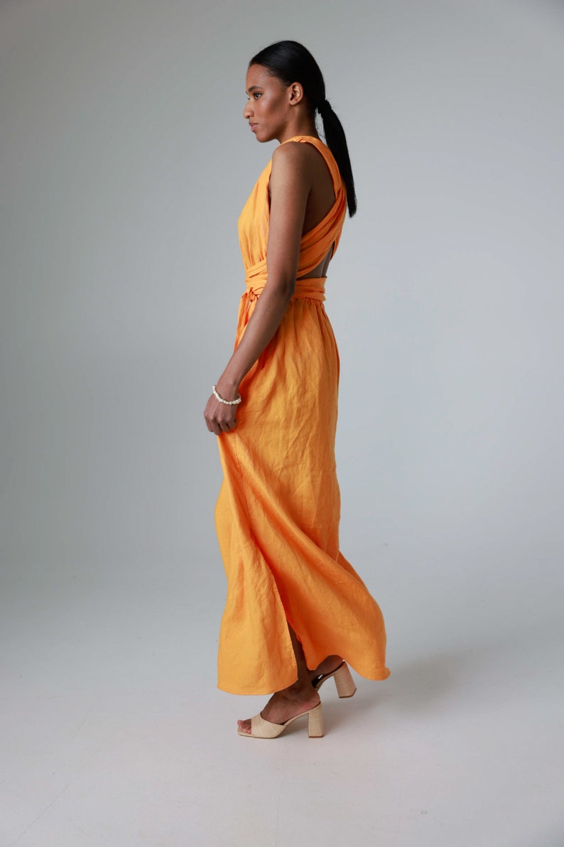 Maxi linen dress with open back and side slits, backless dress with belt and pockets ANGELINA image 4