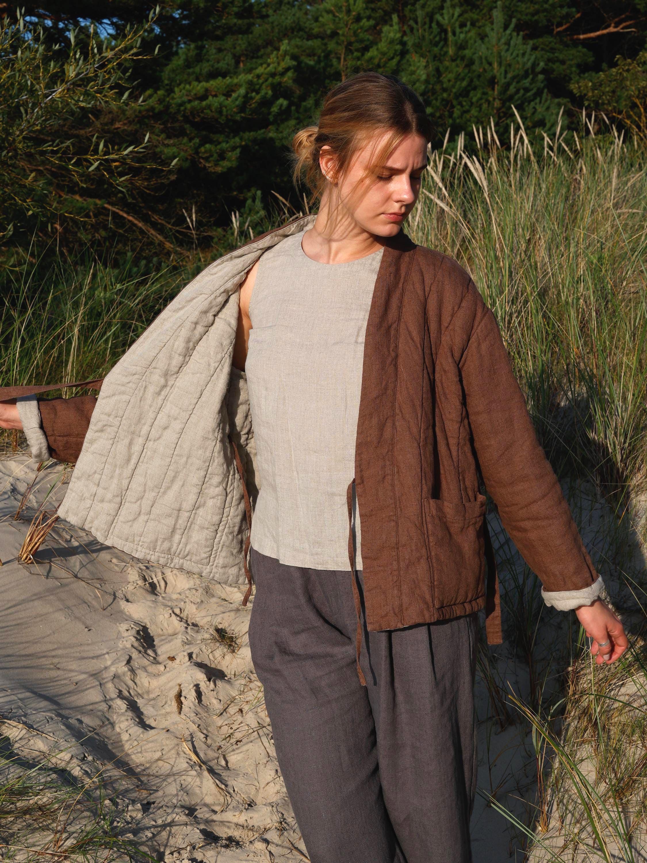 Quilted Linen Jacket, Linen Padded Coat With Pockets, Warm Kimono