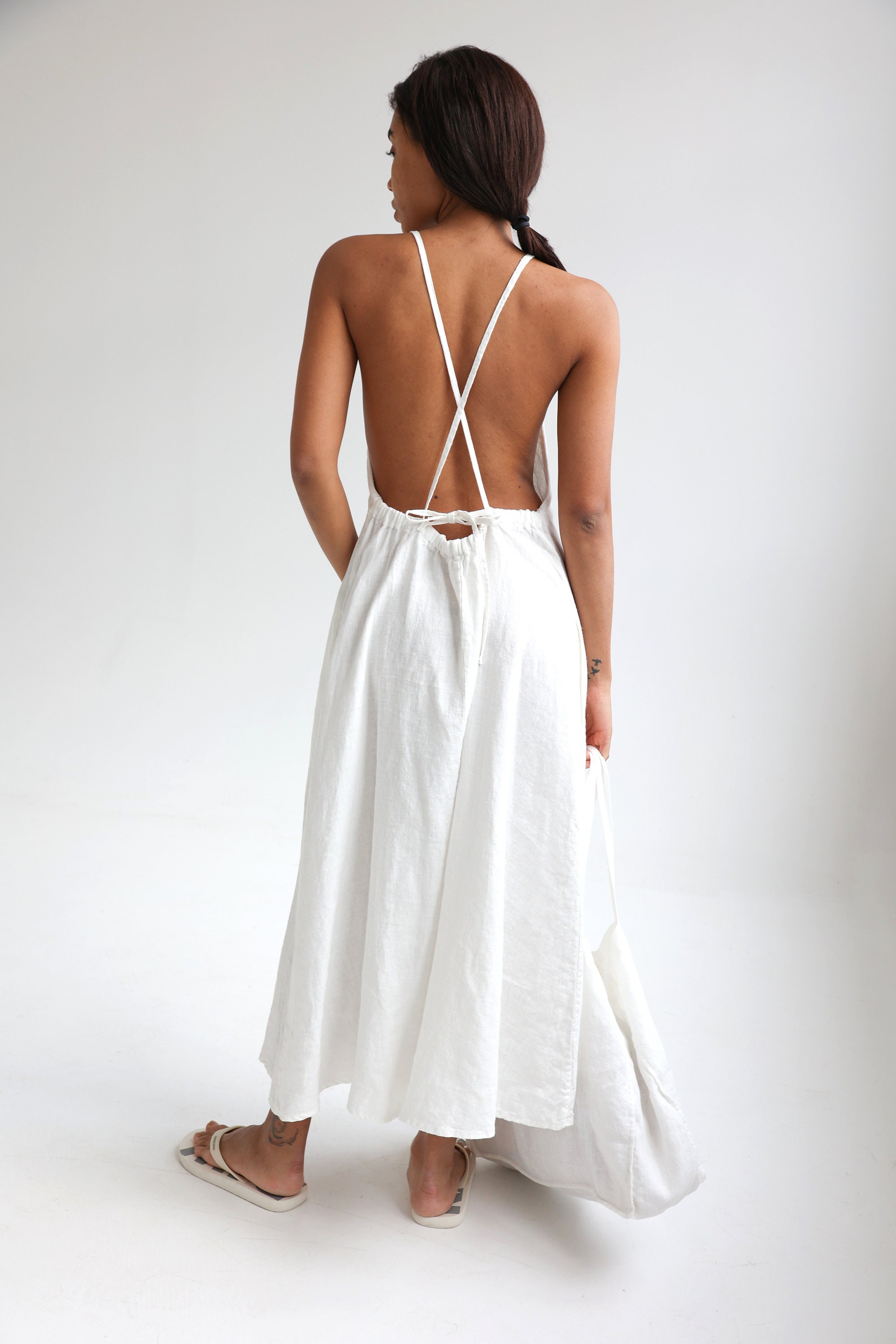 Linen Pinafore Dress, Linen Sundress, Open Back Dress