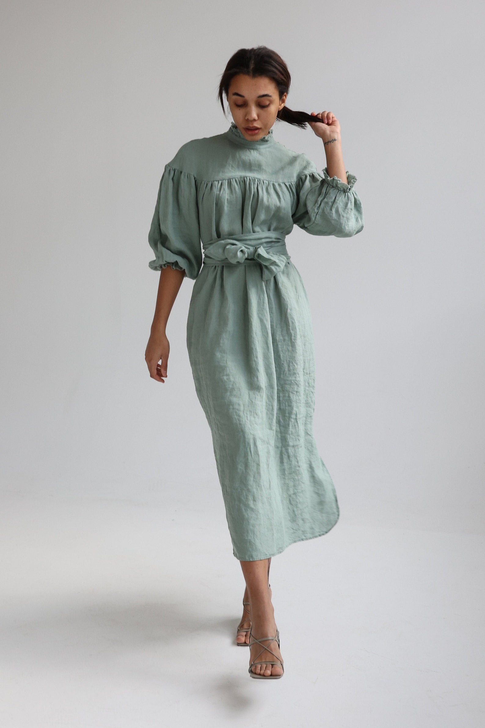 Elegant Linen Ruffle Dress Long Sleeve Linen Dress Puffy - Etsy