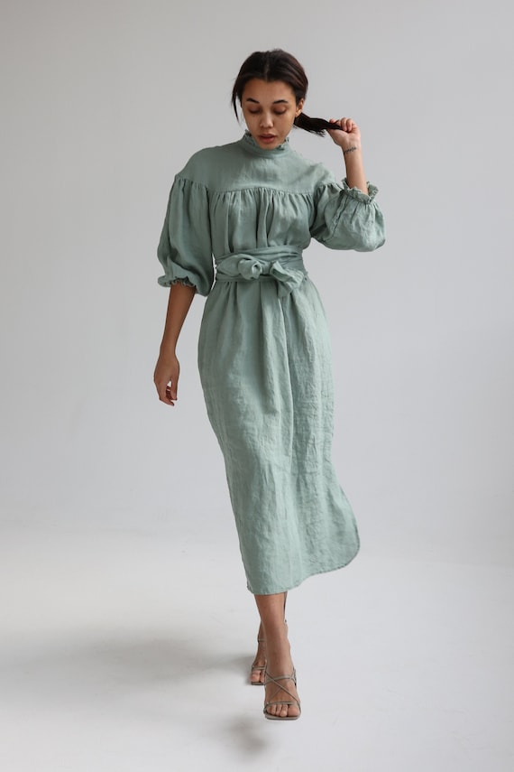 Elegant Linen Ruffle Dress, Long Sleeve Linen Dress, Puffy Sleeve