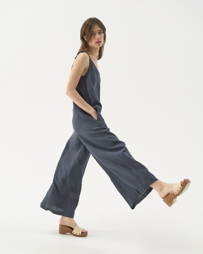 Wide-leg linen jumpsuit with spaghetti strap top
