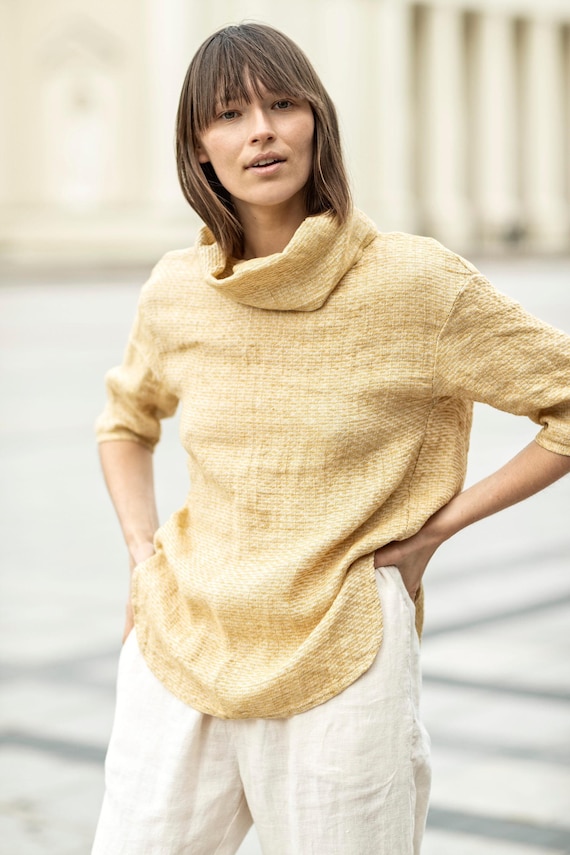 LINENIDstudio Roll Neck Linen Top, Funnel Neck Blouse, Linen Turtleneck Top, Loose Fit Round Neck Women Blouse, Longsleeve Linen Shirt with Slits Eclair