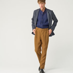 Tapered linen pants for men with zipper and elastic back, pleated heavy linen trousers NIKO zdjęcie 5