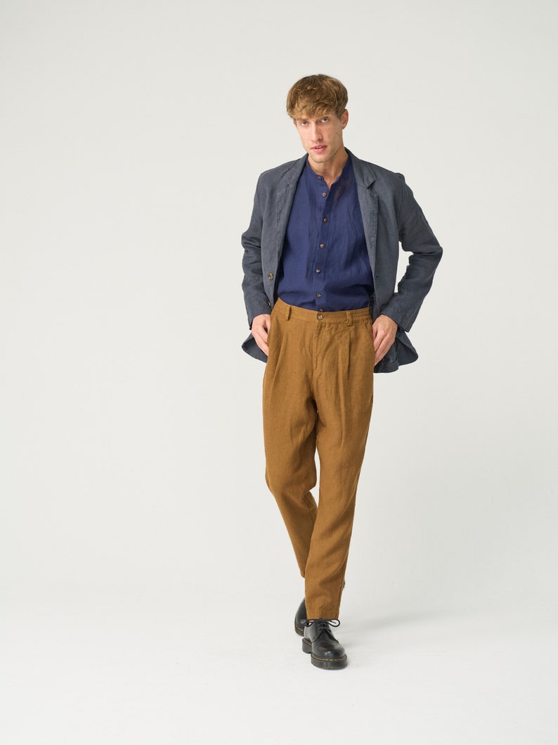 Tapered linen pants for men with zipper and elastic back, pleated heavy linen trousers NIKO image 5