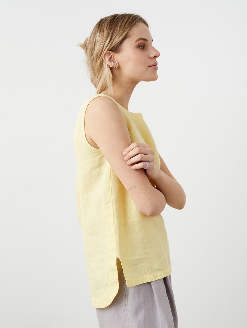 Sleeveless linen top with side slits, linen tank top with crew neck, summer linen blouse for women BRAVO image 4