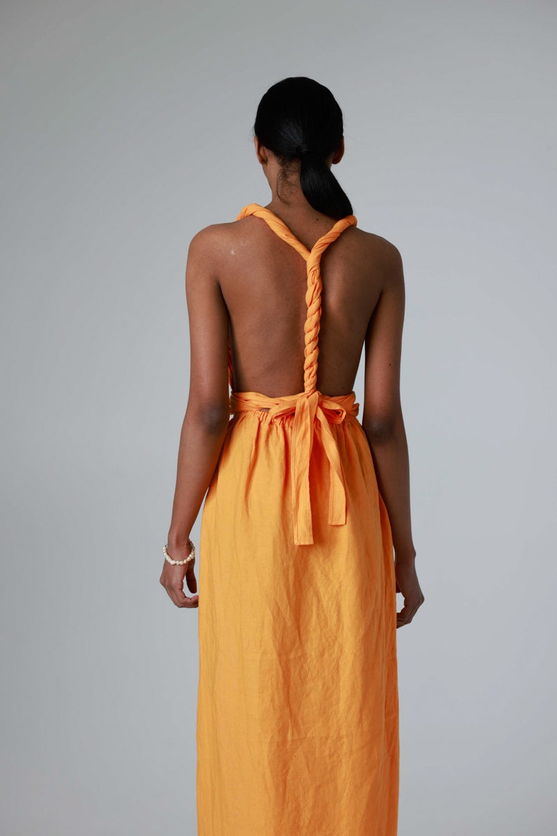 Maxi linen dress with open back and side slits, backless dress with belt and pockets ANGELINA image 6