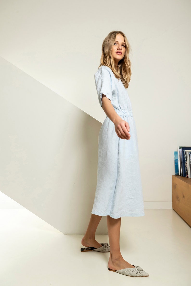 Linen midi dress with elastic waist, loose fit linen dress with crew neck and drop shoulders, A line linen dress, simple linen dress FORTUNE image 5