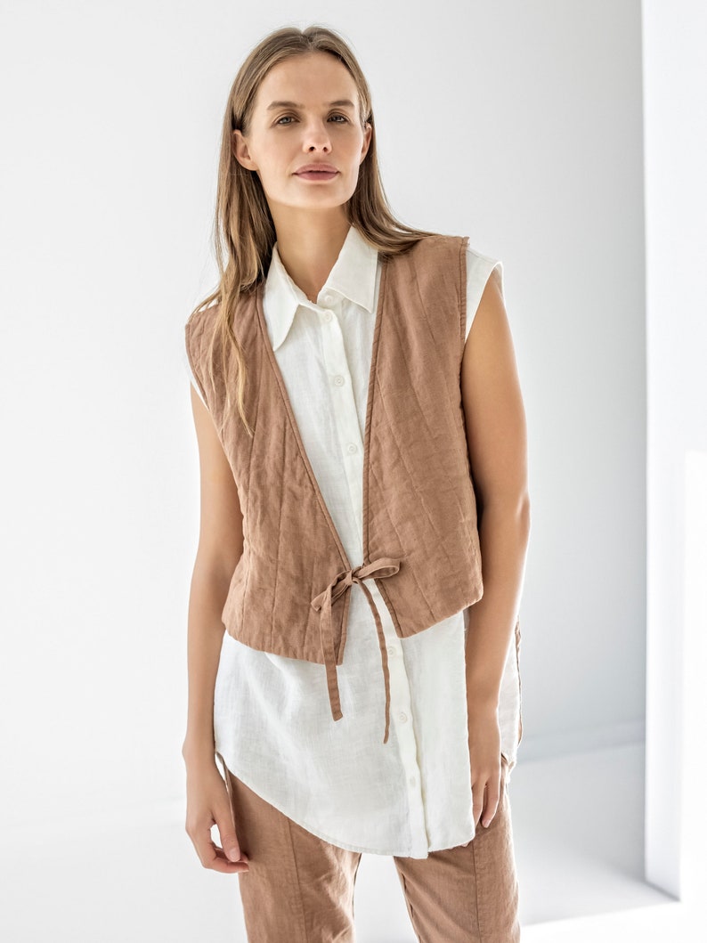 Quilted linen vest, padded linen vest for women, reversible wrap linen waistcoat ACORN image 6