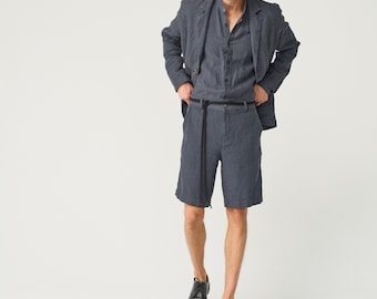 Size: M; Ready to ship Heavy linen shorts for men with elastic back, buttoned linen bermudas with pockets LIMA