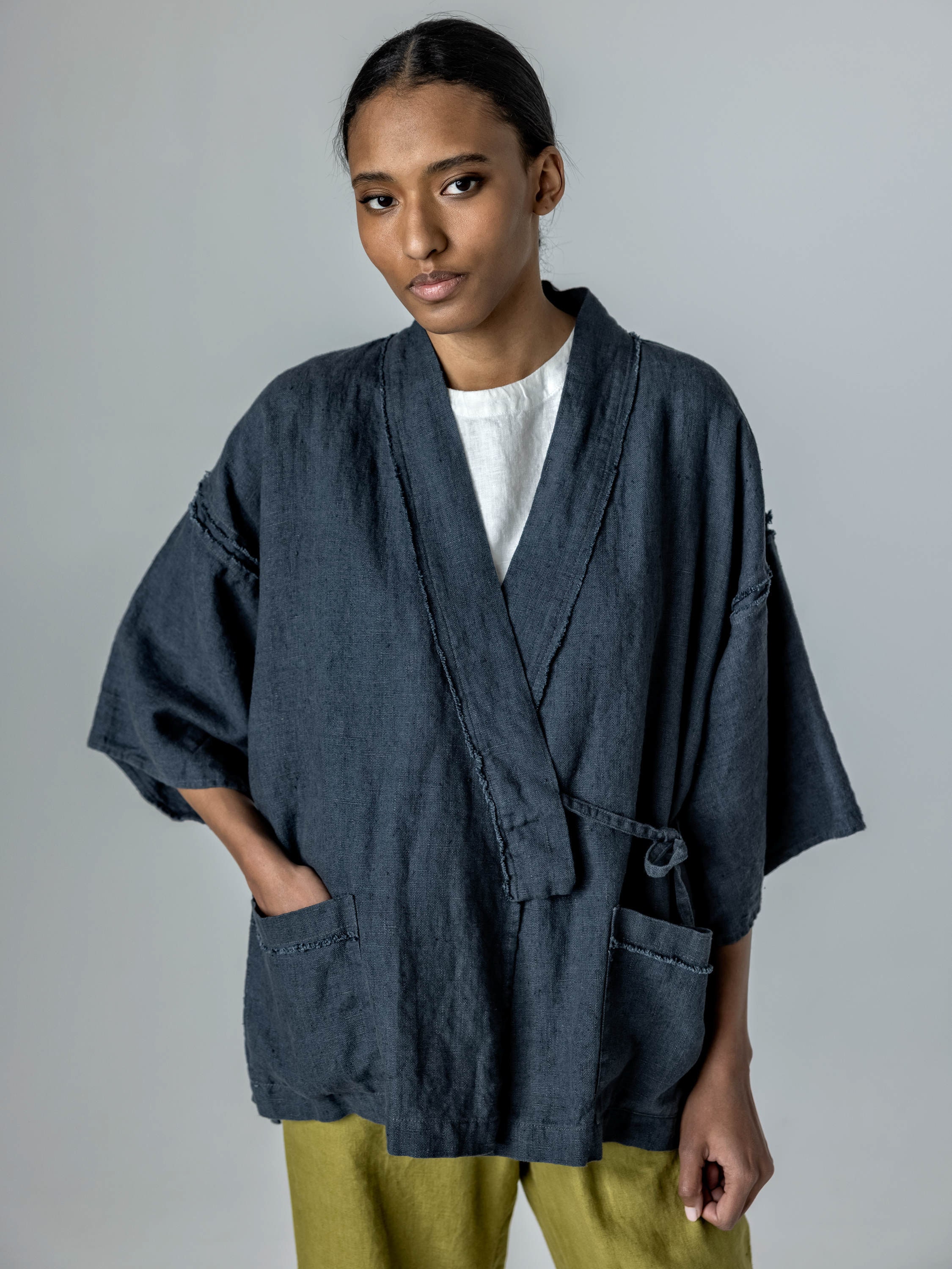 Heavy Linen Haori Jacket With Raw Edge, Tie-string Linen Jacket