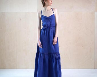 Linen maxi dress open back, Spaghetti strap linen sundress, Tiered maxi dress, Vacation long linen dress women, Boho linen maxi dress SOLARA