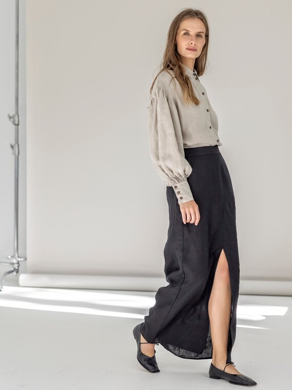Black maxi linen skirt hot sale