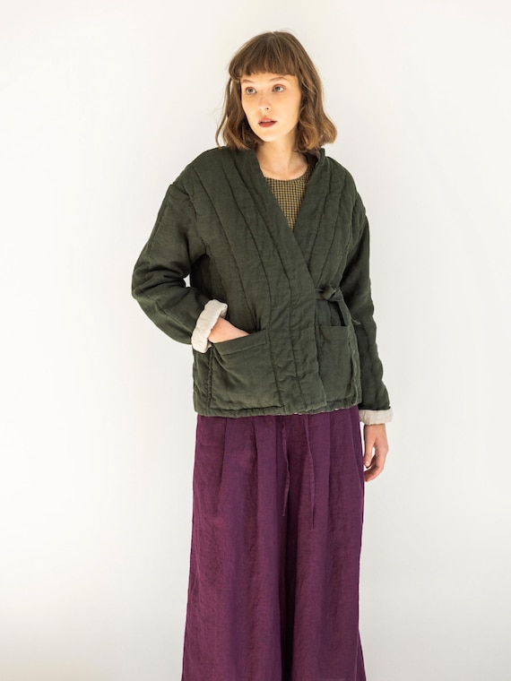 QUINCE Quilted linen jacket, linen padded coat with pockets, warm kimono robe, fashionable winter coat, reversible jacket, padding coat