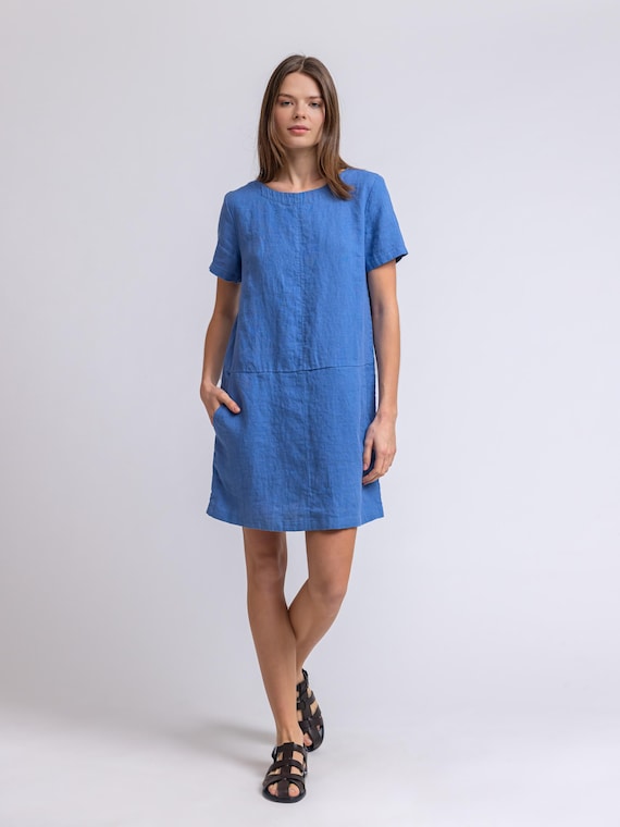 60s Linen Dress, Short Linen Dress, Linen Mini Dress with Crew Neck and Short Sleeves, Linen Tunic Dress with Pockets, Retro Dress Aldona
