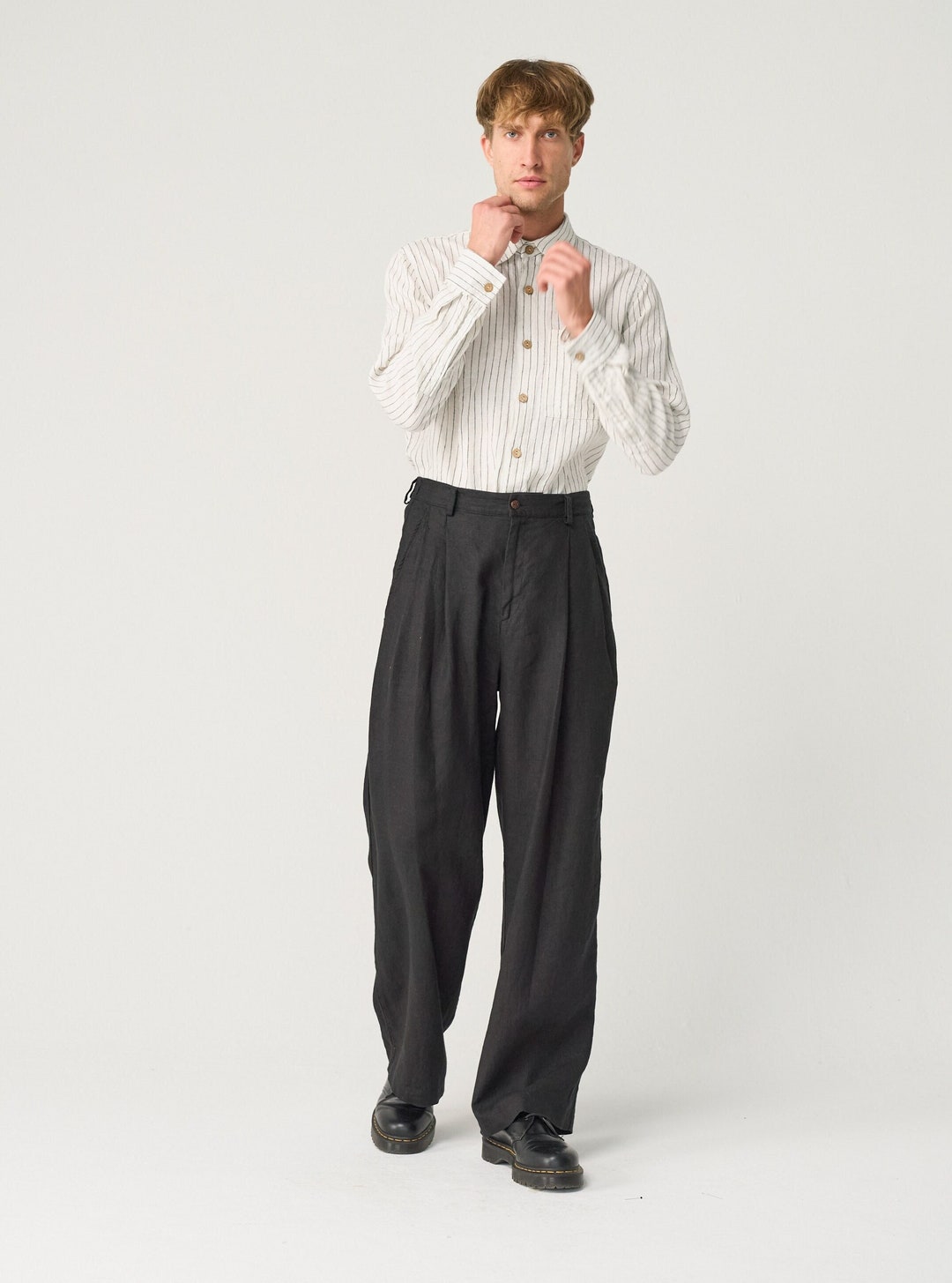 Wide Leg Linen Pants for Men, Heavy Linen Trousers With Pockets, High ...