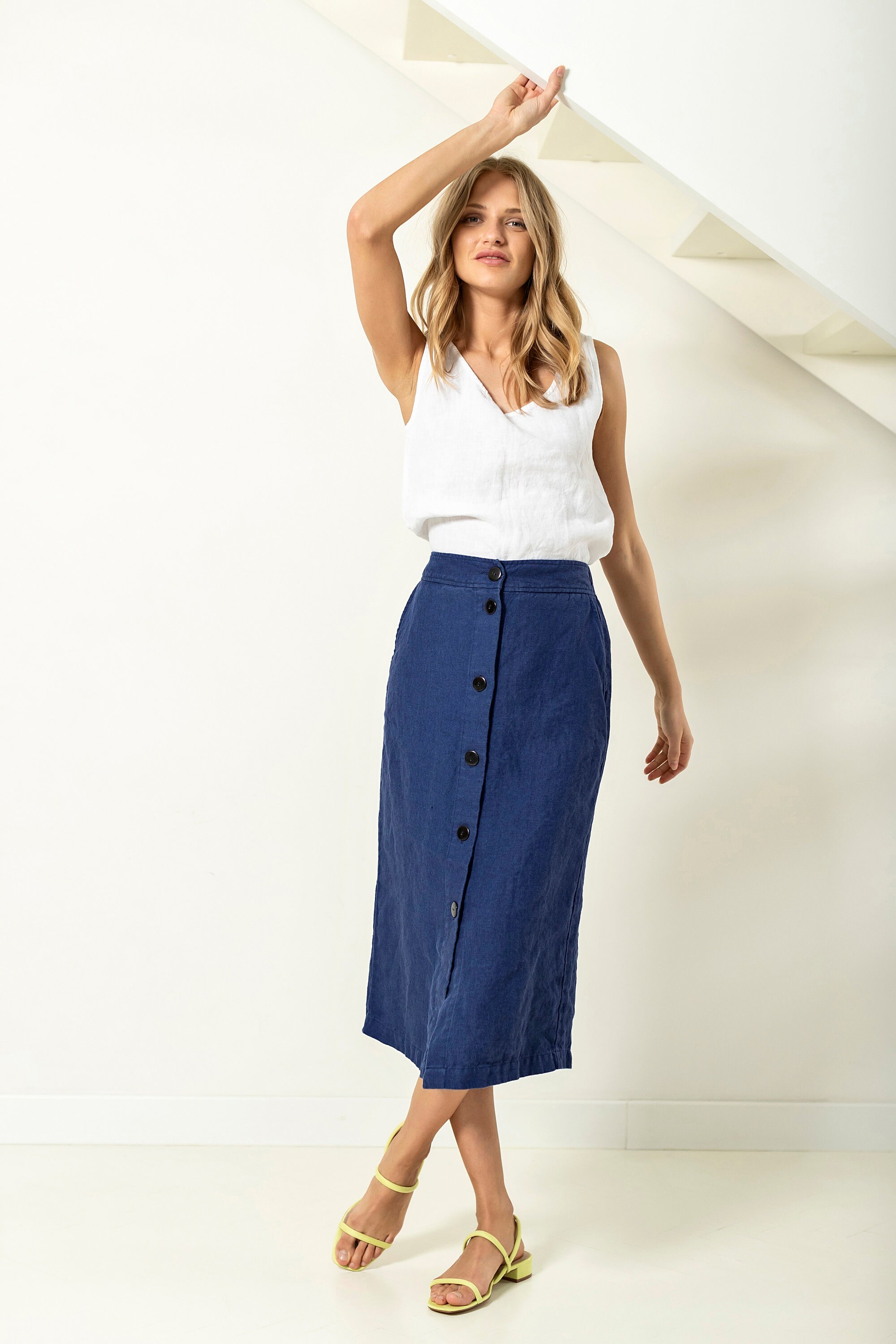 Heavy Linen Midi Skirt With Pockets Buttoned Skirt Long Etsy UK