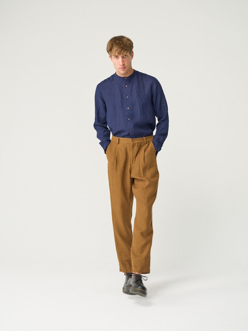 Tapered linen pants for men with zipper and elastic back, pleated heavy linen trousers NIKO image 7