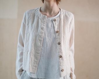 Crop linen jacket, linen cardigan with long sleeves, linen button jacket with a chest pocket, linen summer jacket LOUISE