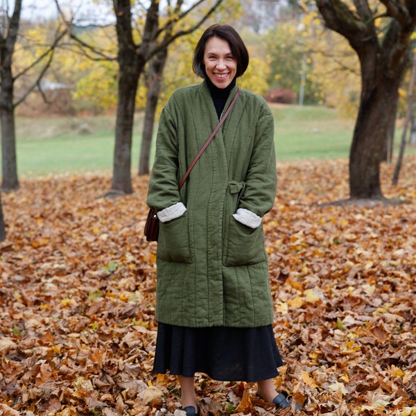 Manteau en lin matelassé avec poches, veste matelassée pour femme, veste kimono rembourrée, manteau portefeuille réversible GOJI