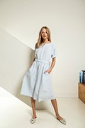Linen midi dress with elastic waist, loose fit linen dress with crew neck and drop shoulders, A line linen dress, simple linen dress FORTUNE product logo