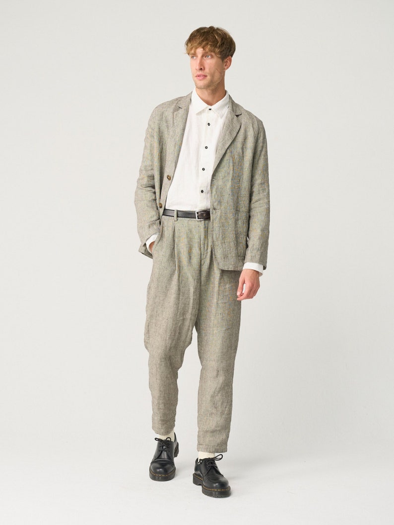 Pantalón cónico de lino para hombre con cremallera y elástico en la espalda, pantalón de lino ligeramente plisado NIKO imagen 7