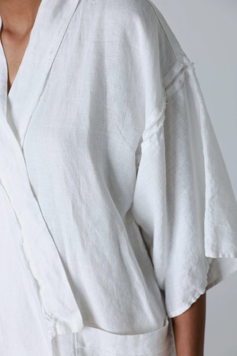 Linen kimono jacket with raw-edge details, linen jacket for women with kimono sleeves FUDO image 5
