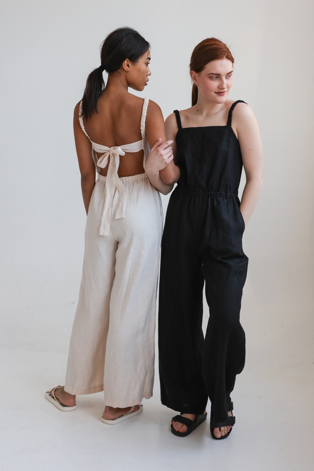 Linen Dungarees, Open Back Linen Jumpsuit With Pockets, Wide Leg