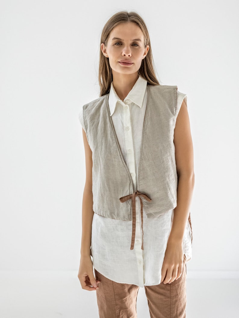 Quilted linen vest, padded linen vest for women, reversible wrap linen waistcoat ACORN image 8