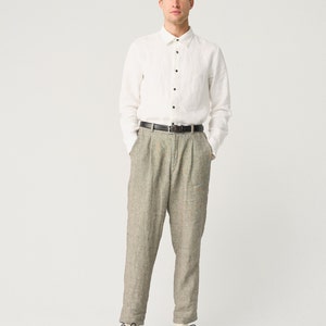 Tapered linen pants for men with zipper and elastic back, slightly pleated linen trousers NIKO zdjęcie 3